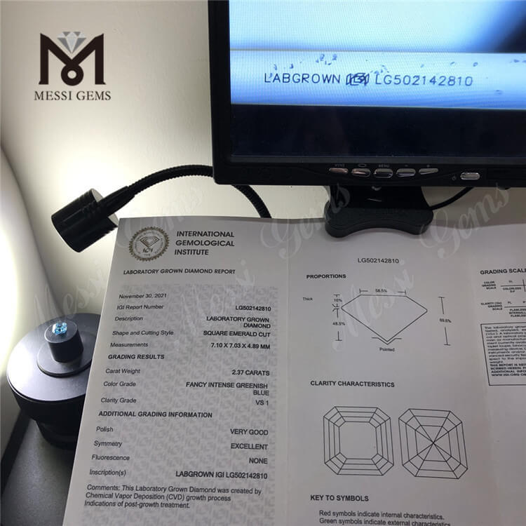 2,37 karat blå Asscher Cut VS Lab diamanter 7,10X7,03X4,89MM