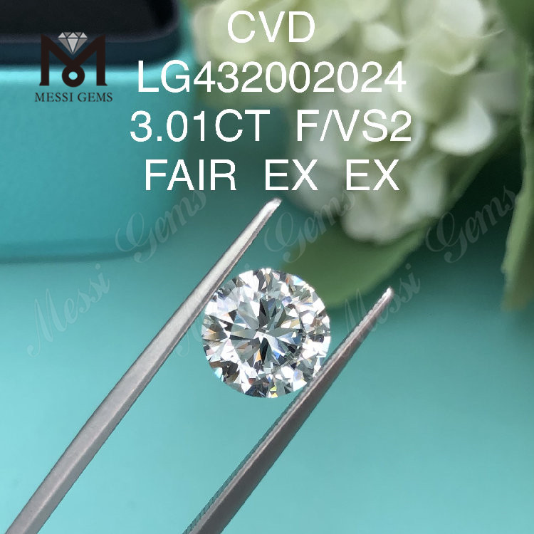 3,01 carat F/VS2 Rund laboratoriedyrket diamant FAIR EX EX